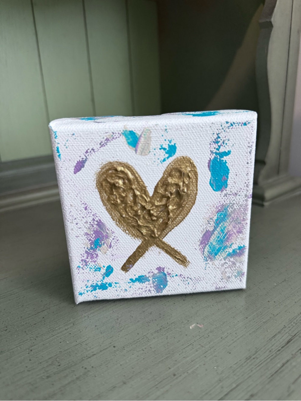 Gold Heart Mini Canvas Wall Art - White with Teal & Purple Accents